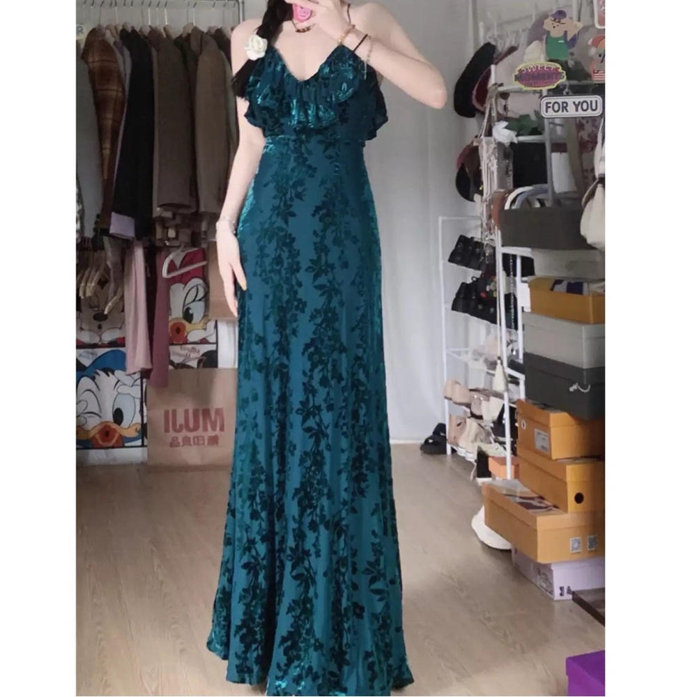 Maximum Elegance Burnout Velvet Maxi Dress Spaghetti Strap Floral Open Back